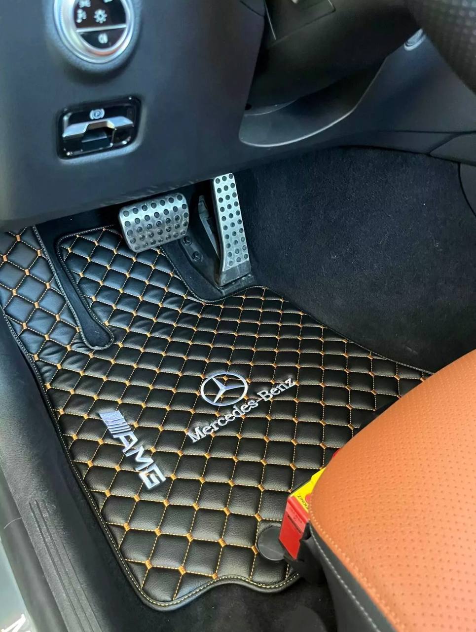 MERCEDES-BENZ Leather Luxury Car Floor Mats | Fits A-B-C-CL Series-E-EQ Series-S-SL Series-G-GL Series-ML-MAYBACH-R-AMG Models | Black Leather & Brown Stitch