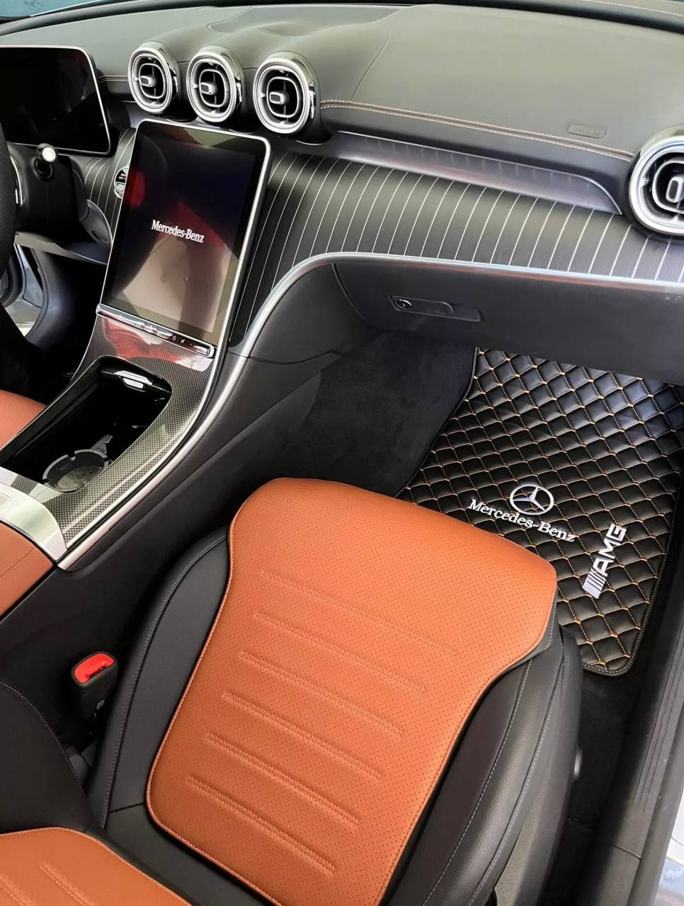 MERCEDES-BENZ Leather Luxury Car Floor Mats | Fits A-B-C-CL Series-E-EQ Series-S-SL Series-G-GL Series-ML-MAYBACH-R-AMG Models | Black Leather & Brown Stitch