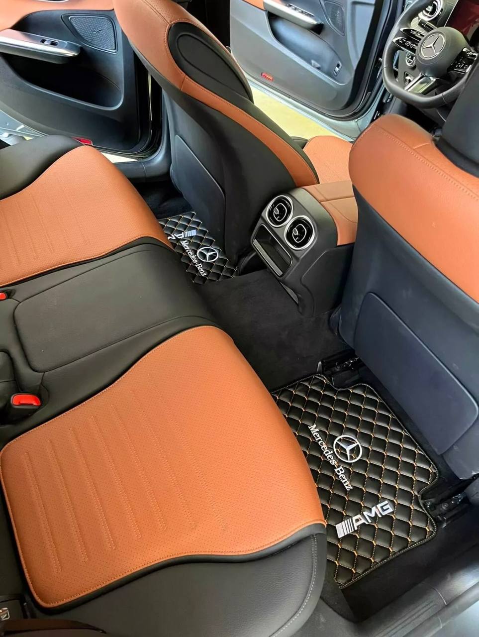 Luxury Leather Car Floor Mats Compatible With MERCEDES-BENZ | Fits A-B-C-CL Series-E-EQ Series-S-SL Series-G-GL Series-ML-MAYBACH-R-AMG Models | Black Leather & Brown Stitch
