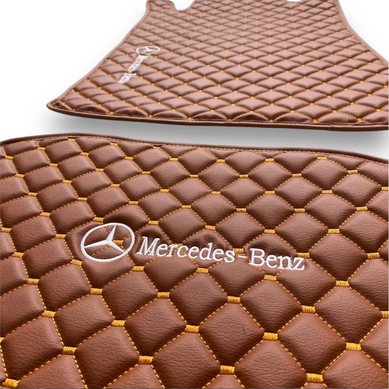 MERCEDES-BENZ Leather Luxury Car Floor Mats | Fits A-B-C-CL Series-E-EQ Series-S-SL Series-G-GL Series-ML-MAYBACH-R-AMG Models | Brown Leather & Brown Stitch