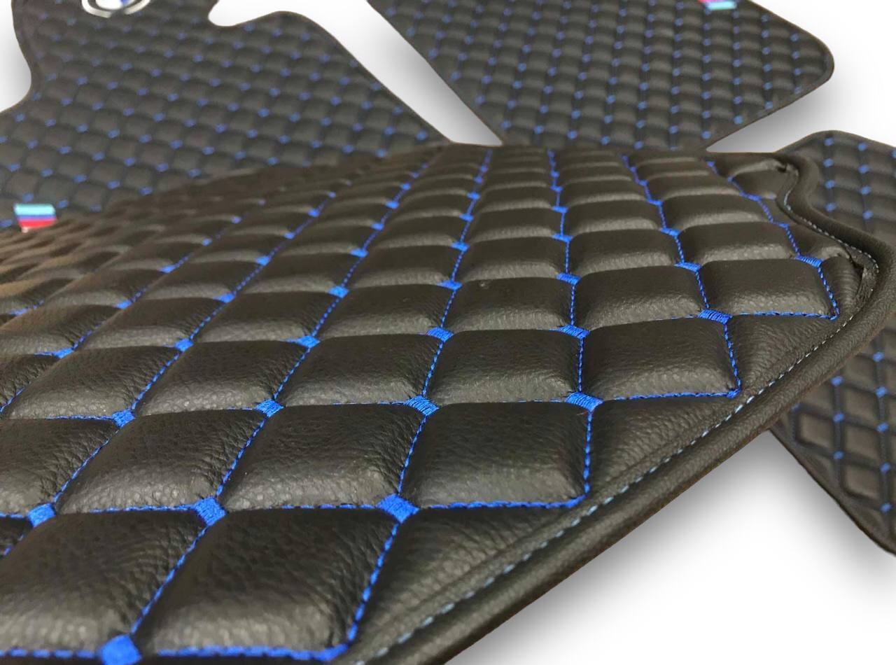 BMW Leather Luxury Car Floor Mats | Fits 1-2-3-4-5-6-7-8-M2-M3-M4-M5-M6-M8-X1-X2-X3-X4-X5-X6-X7-Z3-Z4-i3-i4-i5 Models | Black Leather & Blue Stitch