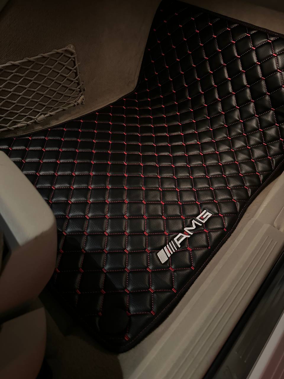 MERCEDES-BENZ Leather Luxury Car Floor Mats | Fits A-B-C-CL Series-E-EQ Series-S-SL Series-G-GL Series-ML-MAYBACH-R-AMG Models | Black Leather & Red Stitch