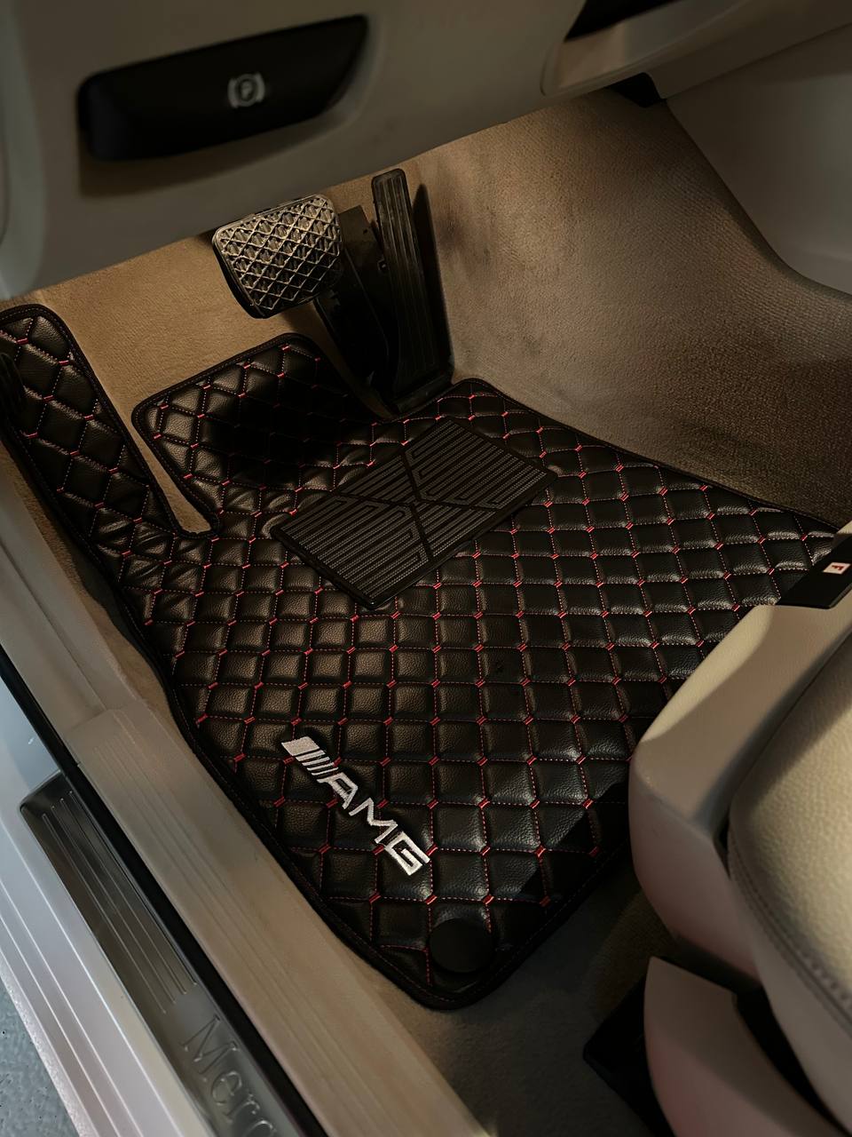 MERCEDES-BENZ Leather Luxury Car Floor Mats | Fits A-B-C-CL Series-E-EQ Series-S-SL Series-G-GL Series-ML-MAYBACH-R-AMG Models | Black Leather & Red Stitch