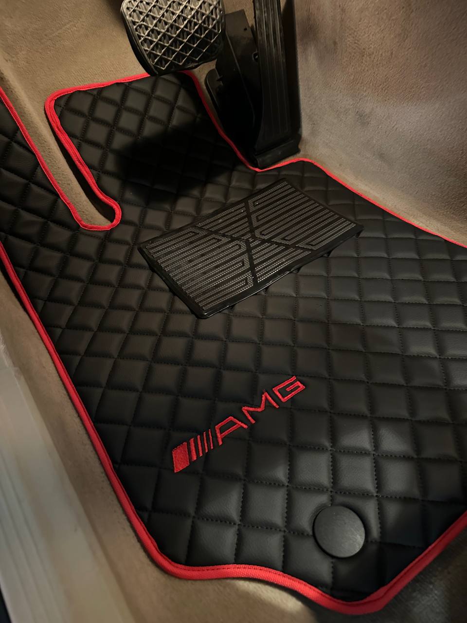 MERCEDES-BENZ Leather Luxury Car Floor Mats | Fits A-B-C-CL Series-E-EQ Series-S-SL Series-G-GL Series-ML-MAYBACH-R-AMG Models | Black Leather & Black Stitch & Red Edge