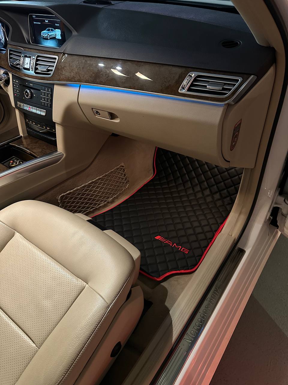 MERCEDES-BENZ Leather Luxury Car Floor Mats | Fits A-B-C-CL Series-E-EQ Series-S-SL Series-G-GL Series-ML-MAYBACH-R-AMG Models | Black Leather & Black Stitch & Red Edge