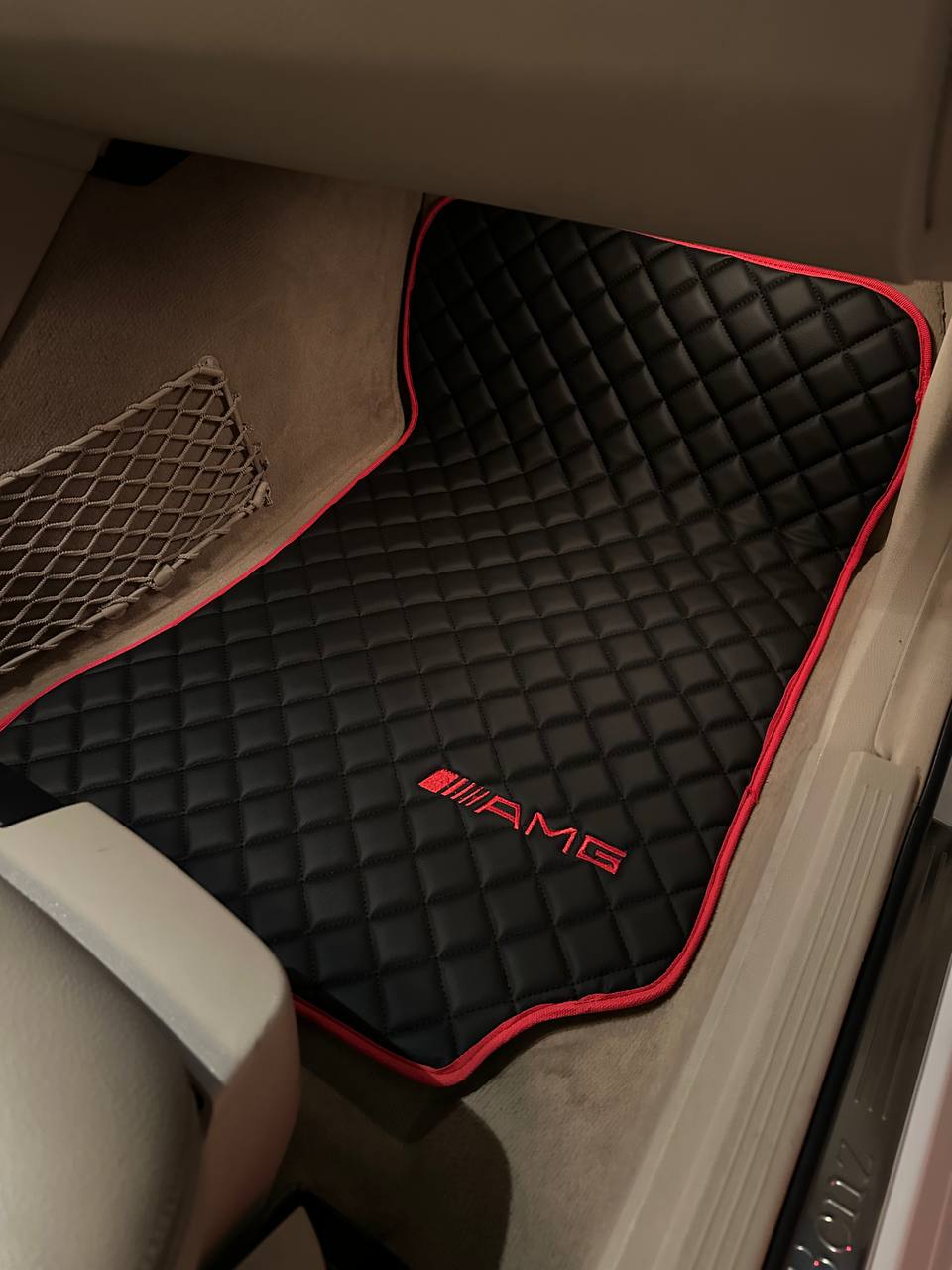 MERCEDES-BENZ Leather Luxury Car Floor Mats | Fits A-B-C-CL Series-E-EQ Series-S-SL Series-G-GL Series-ML-MAYBACH-R-AMG Models | Black Leather & Black Stitch & Red Edge