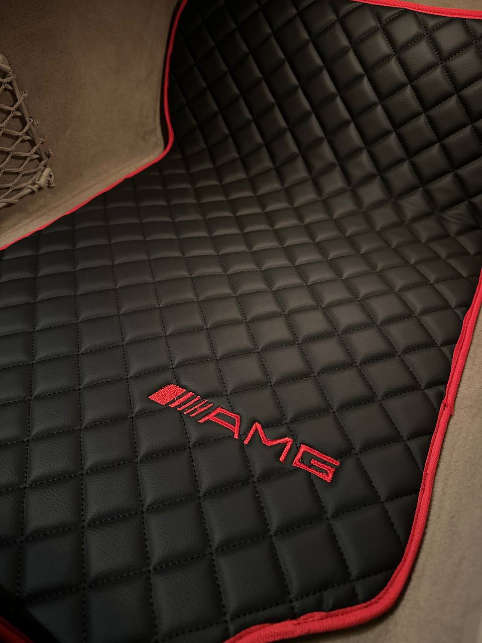 MERCEDES-BENZ Leather Luxury Car Floor Mats | Fits A-B-C-CL Series-E-EQ Series-S-SL Series-G-GL Series-ML-MAYBACH-R-AMG Models | Black Leather & Black Stitch & Red Edge