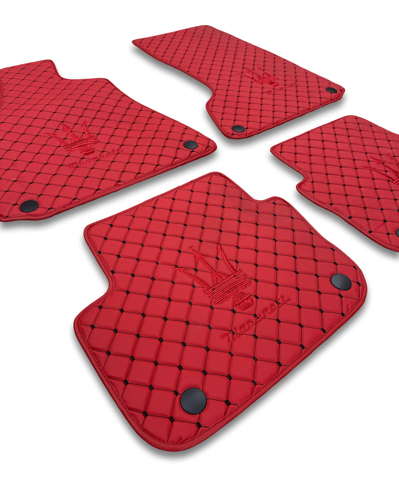 Luxury Leather Car Floor Mats Compatible With Maserati | Fits Ghibli, Quattroporte, GranTurismo, GranCabrio, Levante, Grecale, MC20, MCPURA, 4200 GT & More | Red Leather & Red Stitch