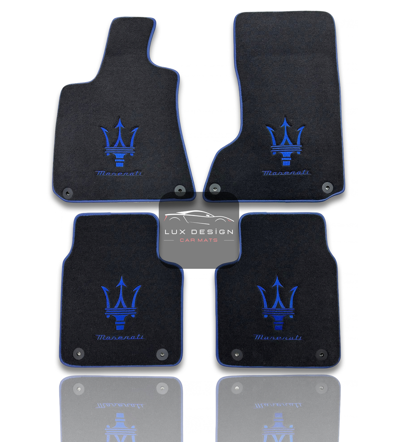 Luxury Carpet Car Floor Mats Compatible With Maserati | Fits Ghibli, Quattroporte, GranTurismo, GranCabrio, Levante, Grecale, MC20, MCPURA, 4200 GT & More | Blue Edging
