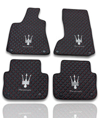 Luxury Leather Car Floor Mats Compatible With Maserati | Fits Ghibli, Quattroporte, GranTurismo, GranCabrio, Levante, Grecale, MC20, MCPURA, 4200 GT & More | Black Leather & Red Stitch
