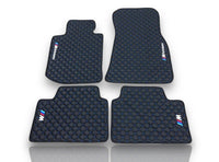 Luxe leren automatten compatibel met BMW | Geschikt voor 1-, 2-, 3-, 4-, 5-, 6-, 7- en 8-serie, X1, X2, X3, X4, X5, X6, X7, XM, Z4, i4, i5, i7, iX, M2, M3, M4, M5, M8 en meer | Zwart leer en blauw stiksel