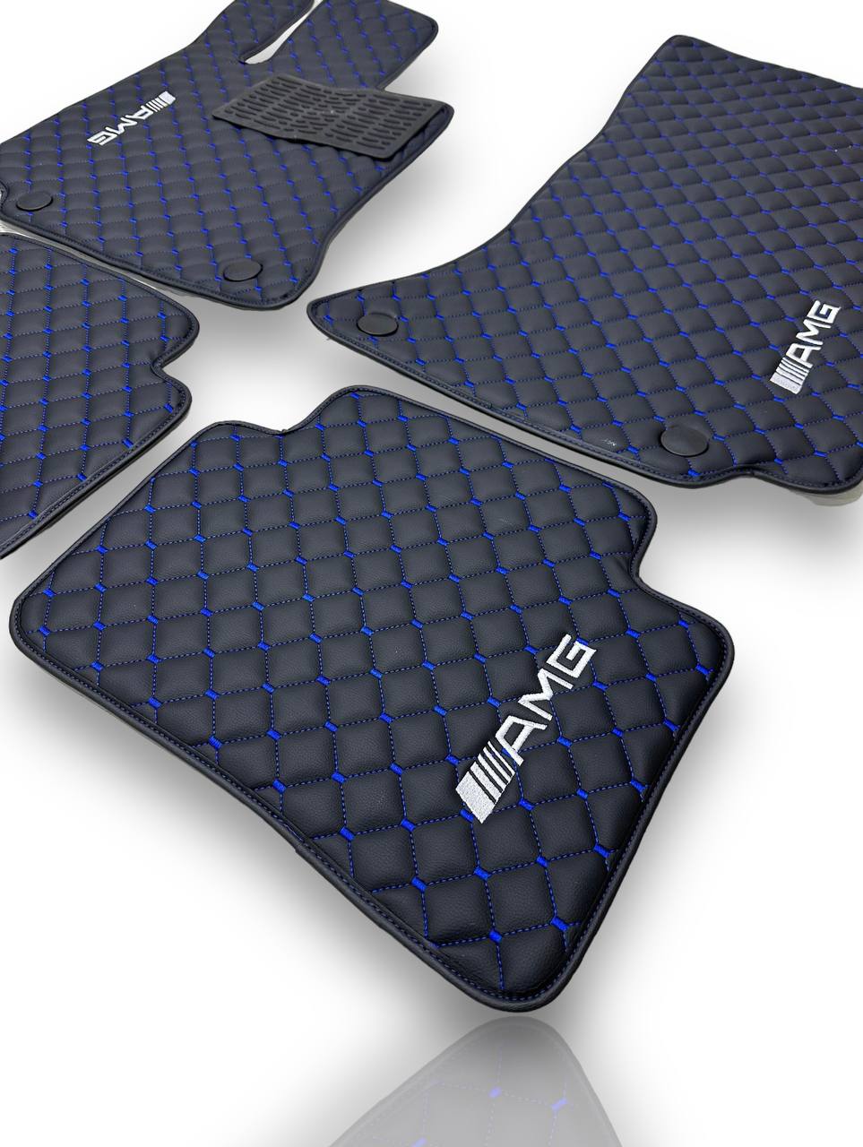 MERCEDES-BENZ Leather Luxury Car Floor Mats | Fits A-B-C-CL Series-E-EQ Series-S-SL Series-G-GL Series-ML-MAYBACH-R-AMG Models | Black Leather & Blue Stitch