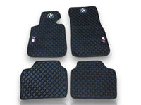 Luxe leren automatten compatibel met BMW | Geschikt voor 1-, 2-, 3-, 4-, 5-, 6-, 7- en 8-serie, X1, X2, X3, X4, X5, X6, X7, XM, Z4, i4, i5, i7, iX, M2, M3, M4, M5, M8 en meer | Zwart leer en blauw stiksel