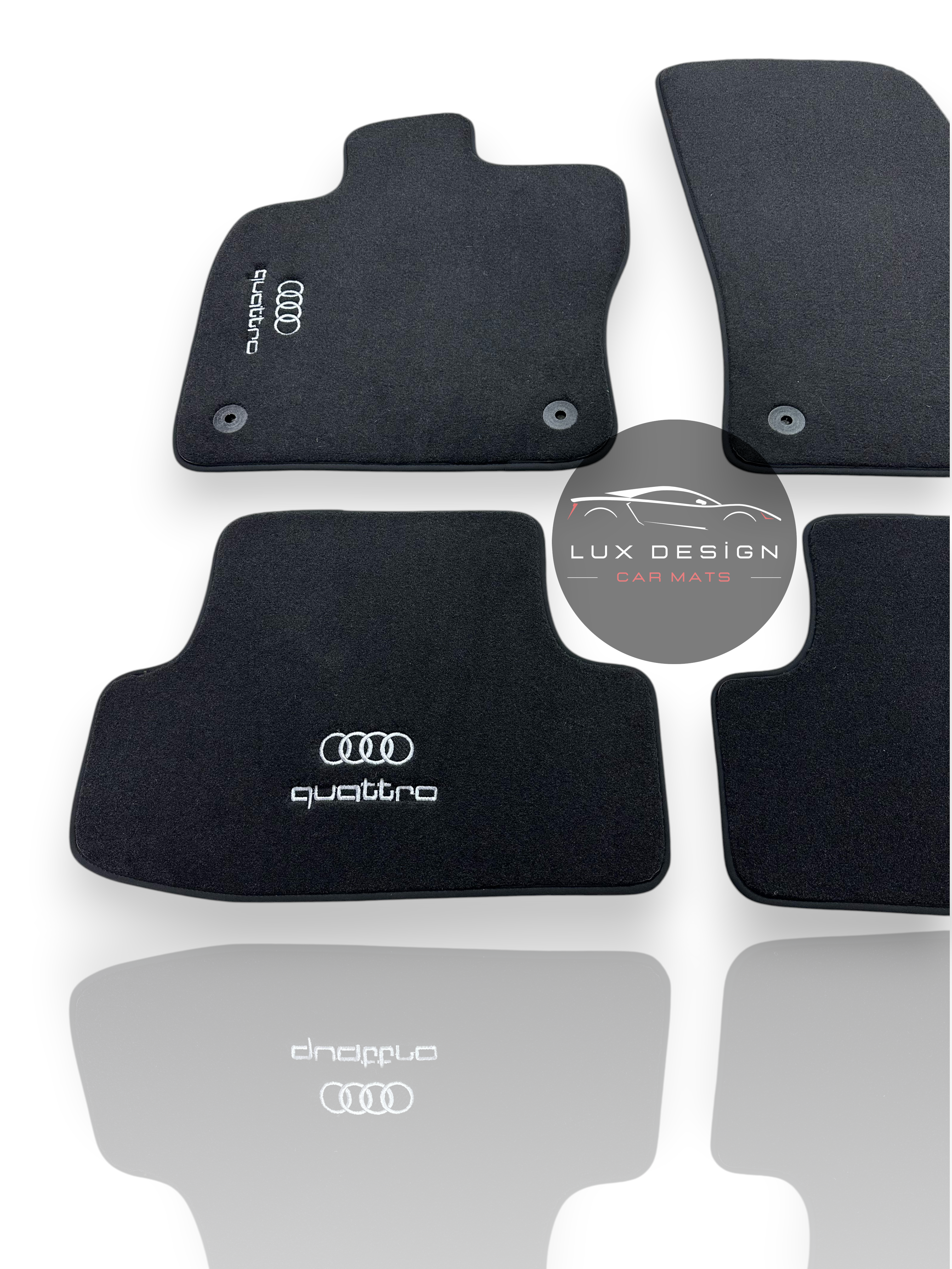 Luxuriöse Autofußmatten aus Teppich für Audi | Passend für A1, A3, A4, A5, A6, A7, A8, Q2, Q3, Q4, Q5, Q6, Q7, Q8, e-tron GT, TT, R8, S, RS und mehr | Schwarze Einfassung