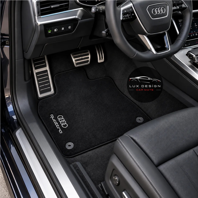 Luxuriöse Autofußmatten aus Teppich für Audi | Passend für A1, A3, A4, A5, A6, A7, A8, Q2, Q3, Q4, Q5, Q6, Q7, Q8, e-tron GT, TT, R8, S, RS und mehr | Schwarze Einfassung