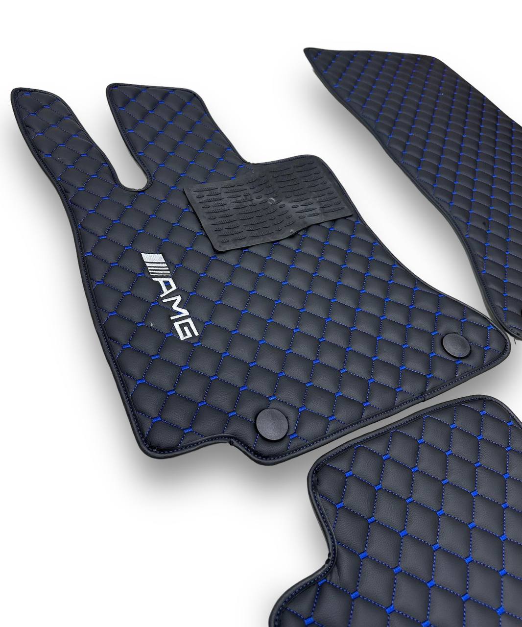 MERCEDES-BENZ Leather Luxury Car Floor Mats | Fits A-B-C-CL Series-E-EQ Series-S-SL Series-G-GL Series-ML-MAYBACH-R-AMG Models | Black Leather & Blue Stitch