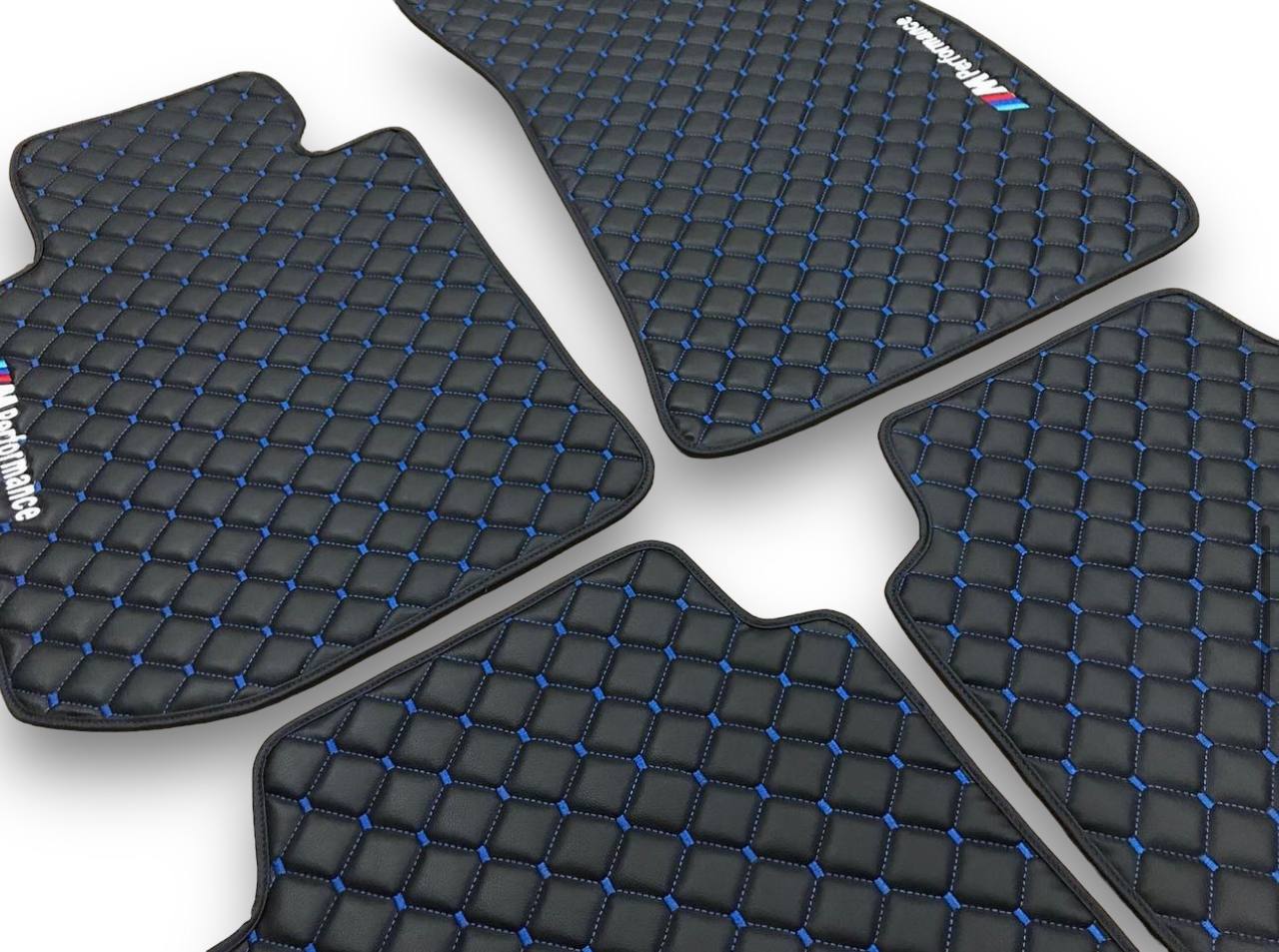 BMW Leather Luxury Car Floor Mats | Fits 1-2-3-4-5-6-7-8-M2-M3-M4-M5-M6-M8-X1-X2-X3-X4-X5-X6-X7-Z3-Z4-i3-i4-i5 Models | Black Leather & Blue Stitch