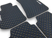 Luxe leren automatten compatibel met BMW | Geschikt voor 1-, 2-, 3-, 4-, 5-, 6-, 7- en 8-serie, X1, X2, X3, X4, X5, X6, X7, XM, Z4, i4, i5, i7, iX, M2, M3, M4, M5, M8 en meer | Zwart leer en blauw stiksel