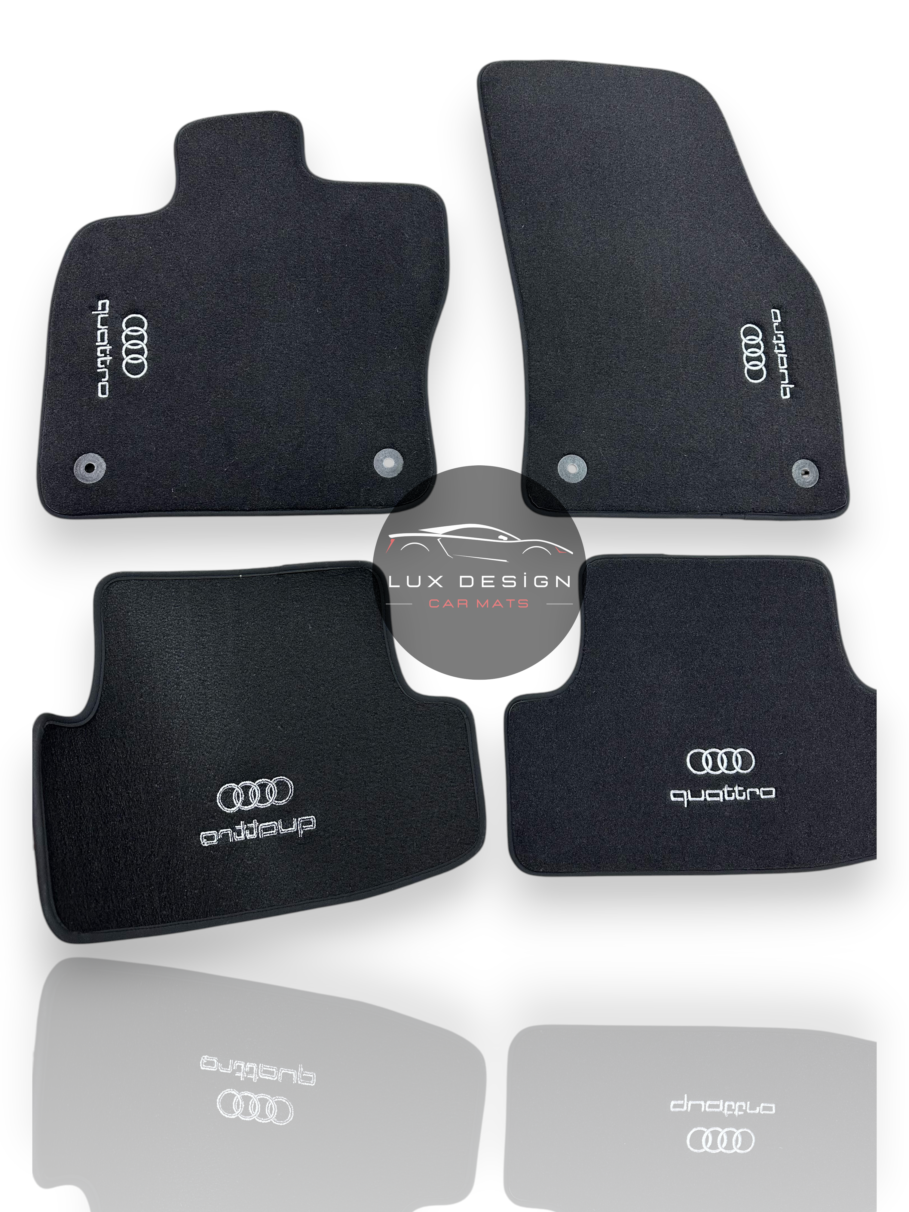 Luxuriöse Autofußmatten aus Teppich für Audi | Passend für A1, A3, A4, A5, A6, A7, A8, Q2, Q3, Q4, Q5, Q6, Q7, Q8, e-tron GT, TT, R8, S, RS und mehr | Schwarze Einfassung