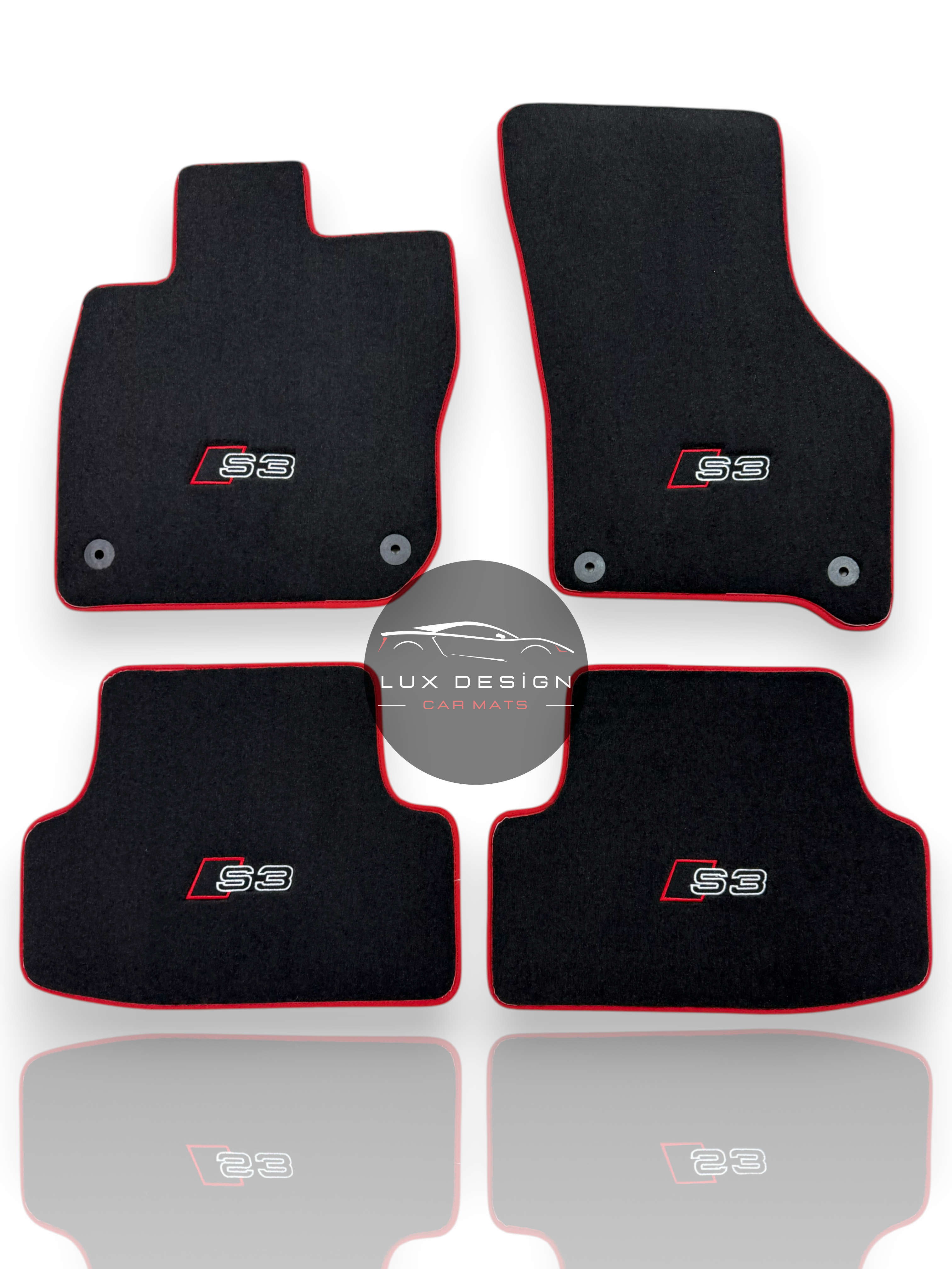 Luxury Carpet Car Floor Mats Compatible With Audi | Fits A3 / S3 / RS3 Models | Custom-Fit, Embroidered Logo & Made to Order | Red Edging