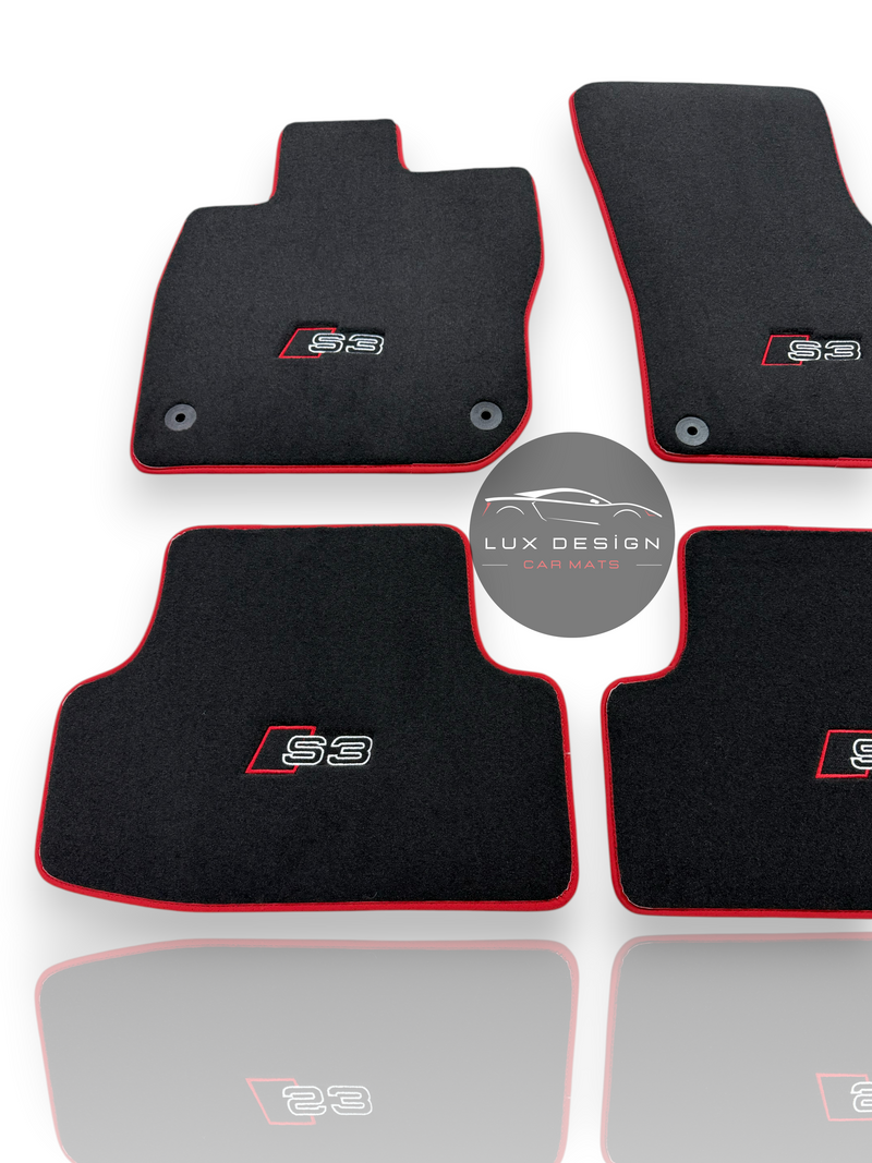 Luxury Carpet Car Floor Mats Compatible With Audi | Fits A3 / S3 / RS3 Models | Custom-Fit, Embroidered Logo & Made to Order | Red Edging