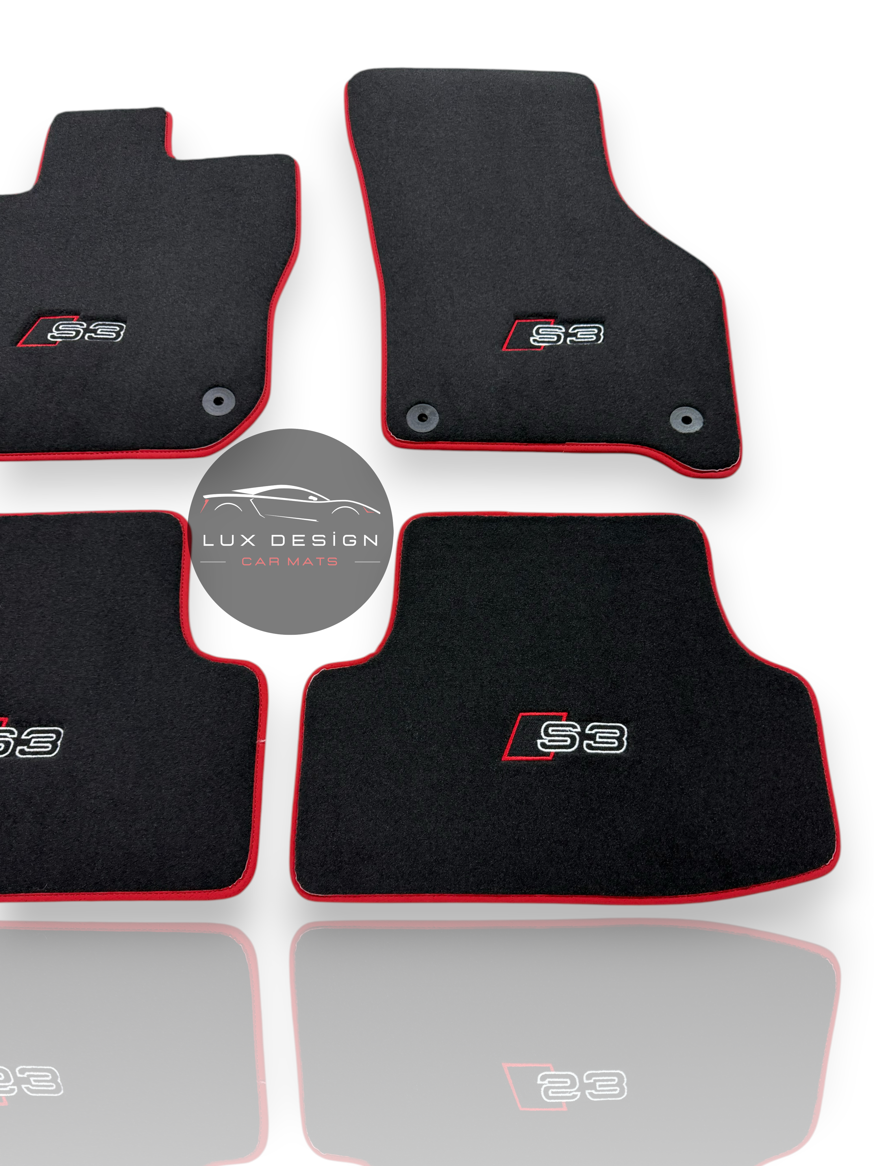 Luxury Carpet Car Floor Mats Compatible With Audi | Fits A3 / S3 / RS3 Models | Custom-Fit, Embroidered Logo & Made to Order | Red Edging