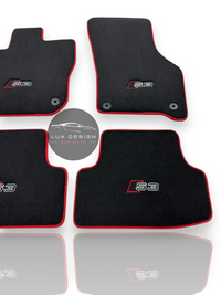 Luxury Carpet Car Floor Mats Compatible With Audi | Fits A3 / S3 / RS3 Models | Custom-Fit, Embroidered Logo & Made to Order | Red Edging