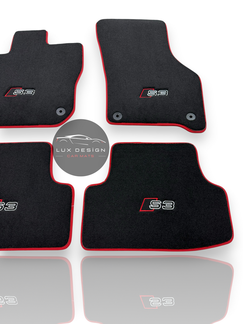Luxury Carpet Car Floor Mats Compatible With Audi | Fits A3 / S3 / RS3 Models | Custom-Fit, Embroidered Logo & Made to Order | Red Edging