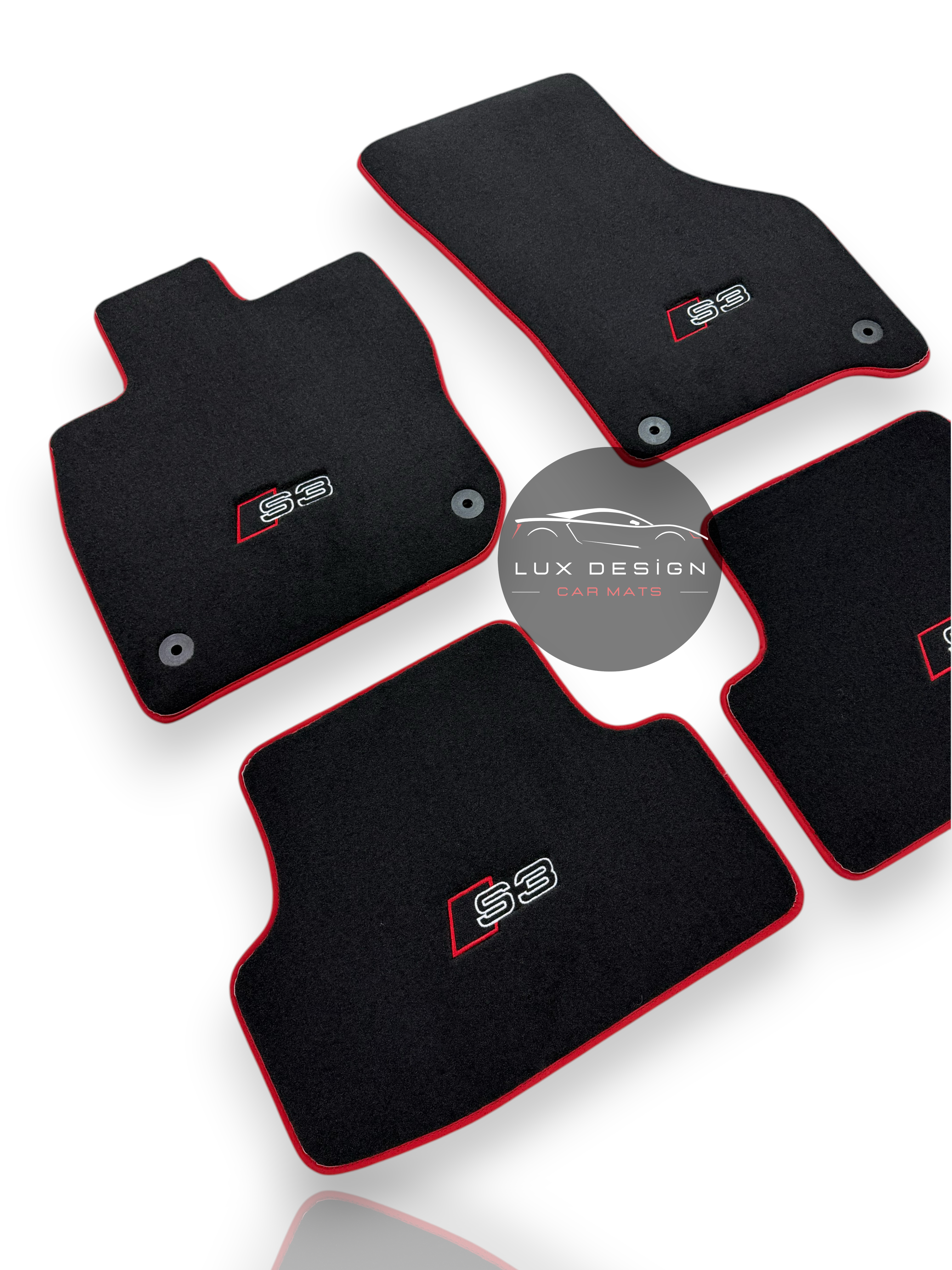 Luxury Carpet Car Floor Mats Compatible With Audi | Fits A3 / S3 / RS3 Models | Custom-Fit, Embroidered Logo & Made to Order | Red Edging