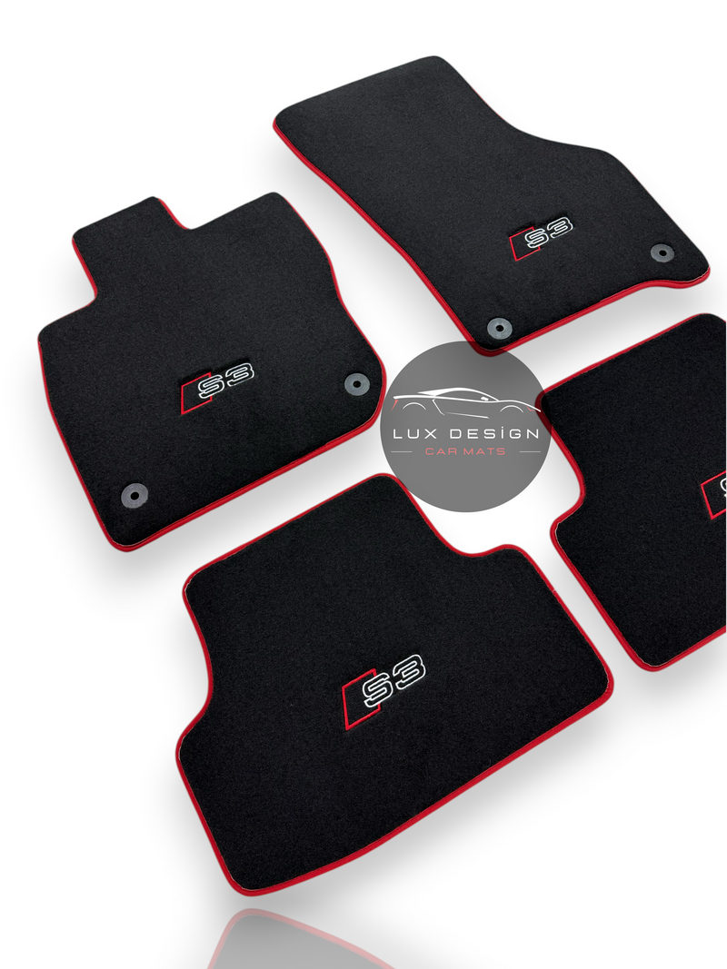 Luxury Carpet Car Floor Mats Compatible With Audi | Fits A3 / S3 / RS3 Models | Custom-Fit, Embroidered Logo & Made to Order | Red Edging