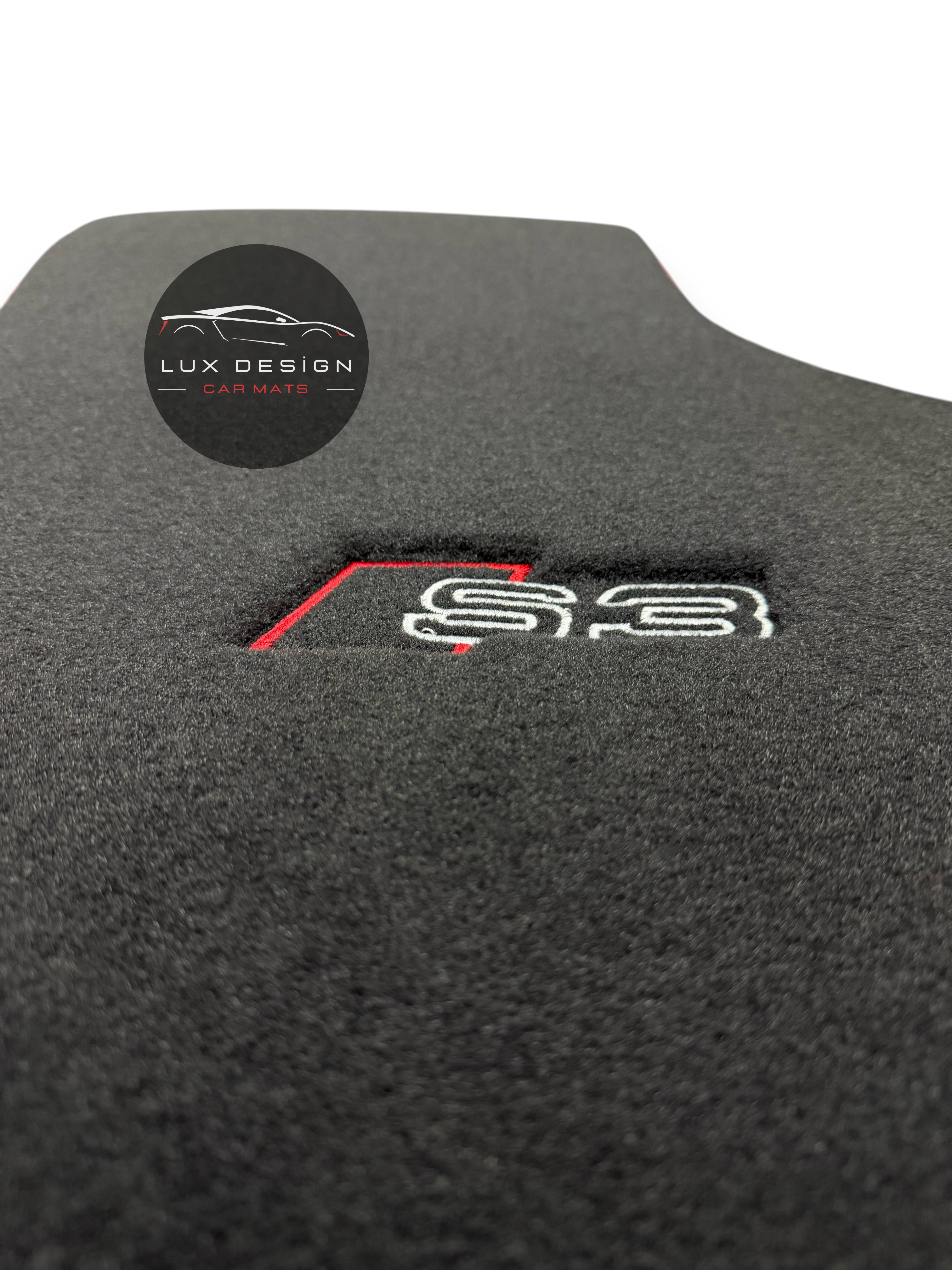 Luxury Carpet Car Floor Mats Compatible With Audi | Fits A3 / S3 / RS3 Models | Custom-Fit, Embroidered Logo & Made to Order | Red Edging
