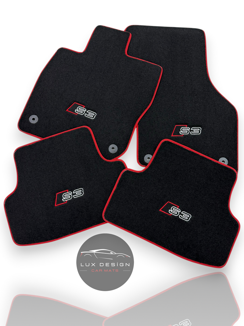 Luxury Carpet Car Floor Mats Compatible With Audi | Fits A3 / S3 / RS3 Models | Custom-Fit, Embroidered Logo & Made to Order | Red Edging