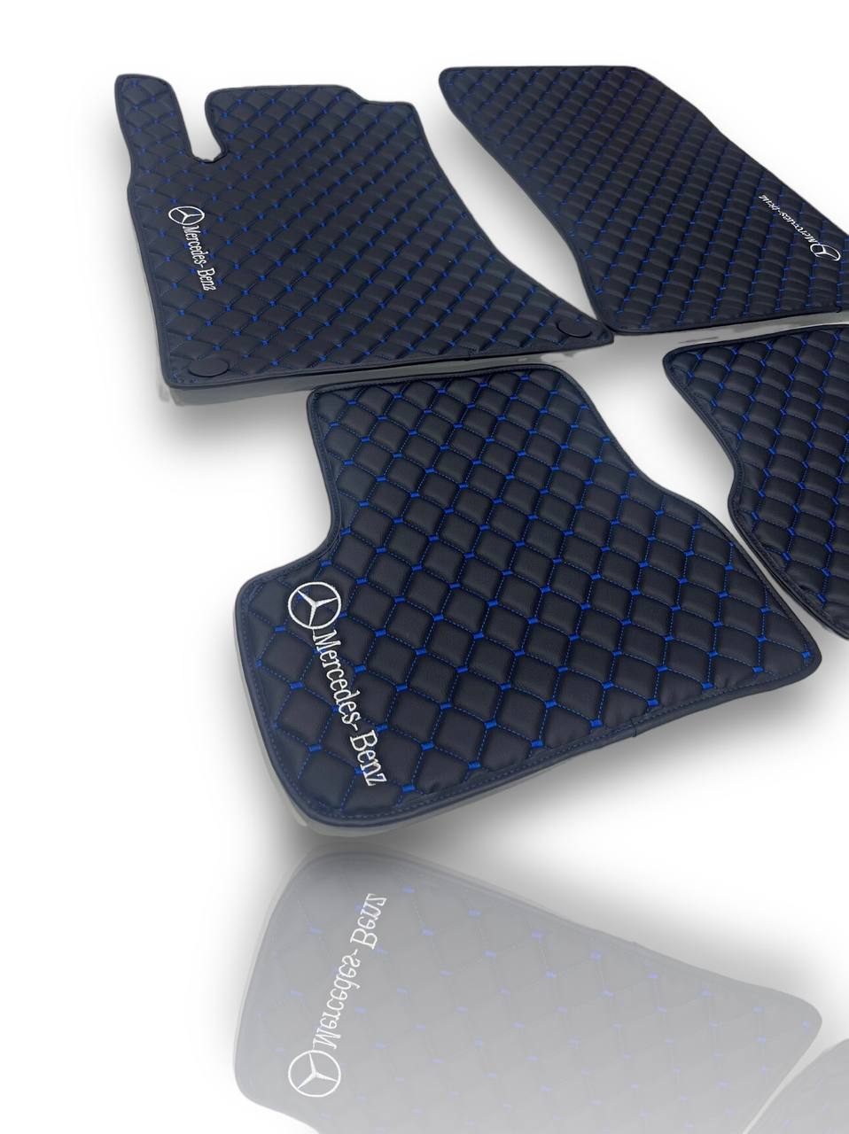 MERCEDES-BENZ Leather Luxury Car Floor Mats | Fits A-B-C-CL Series-E-EQ Series-S-SL Series-G-GL Series-ML-MAYBACH-R-AMG Models | Black Leather & Blue Stitch