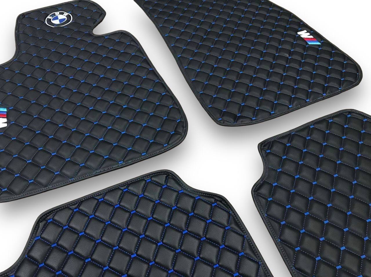 BMW Leather Luxury Car Floor Mats | Fits 1-2-3-4-5-6-7-8-M2-M3-M4-M5-M6-M8-X1-X2-X3-X4-X5-X6-X7-Z3-Z4-i3-i4-i5 Models | Black Leather & Blue Stitch