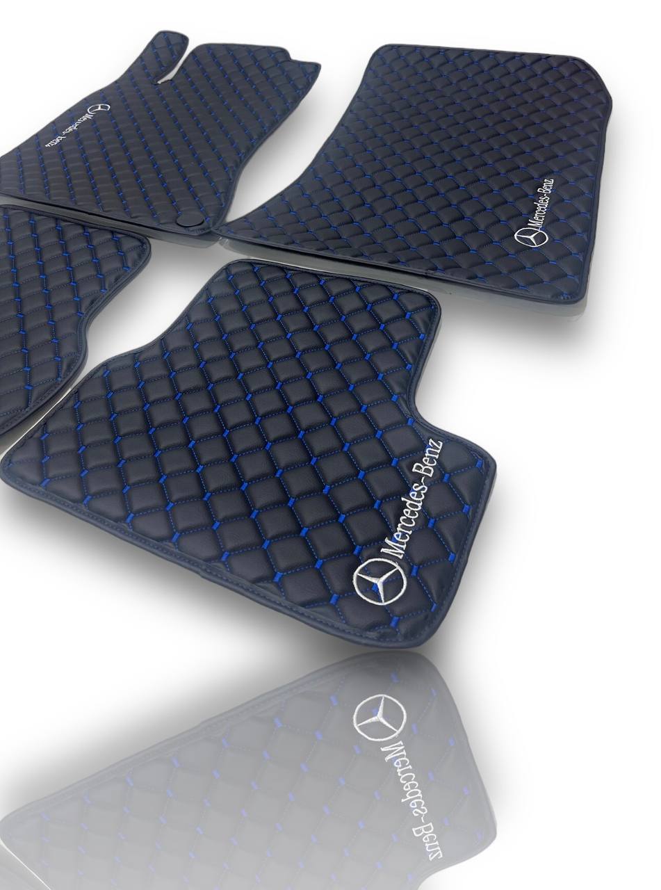 MERCEDES-BENZ Leather Luxury Car Floor Mats | Fits A-B-C-CL Series-E-EQ Series-S-SL Series-G-GL Series-ML-MAYBACH-R-AMG Models | Black Leather & Blue Stitch