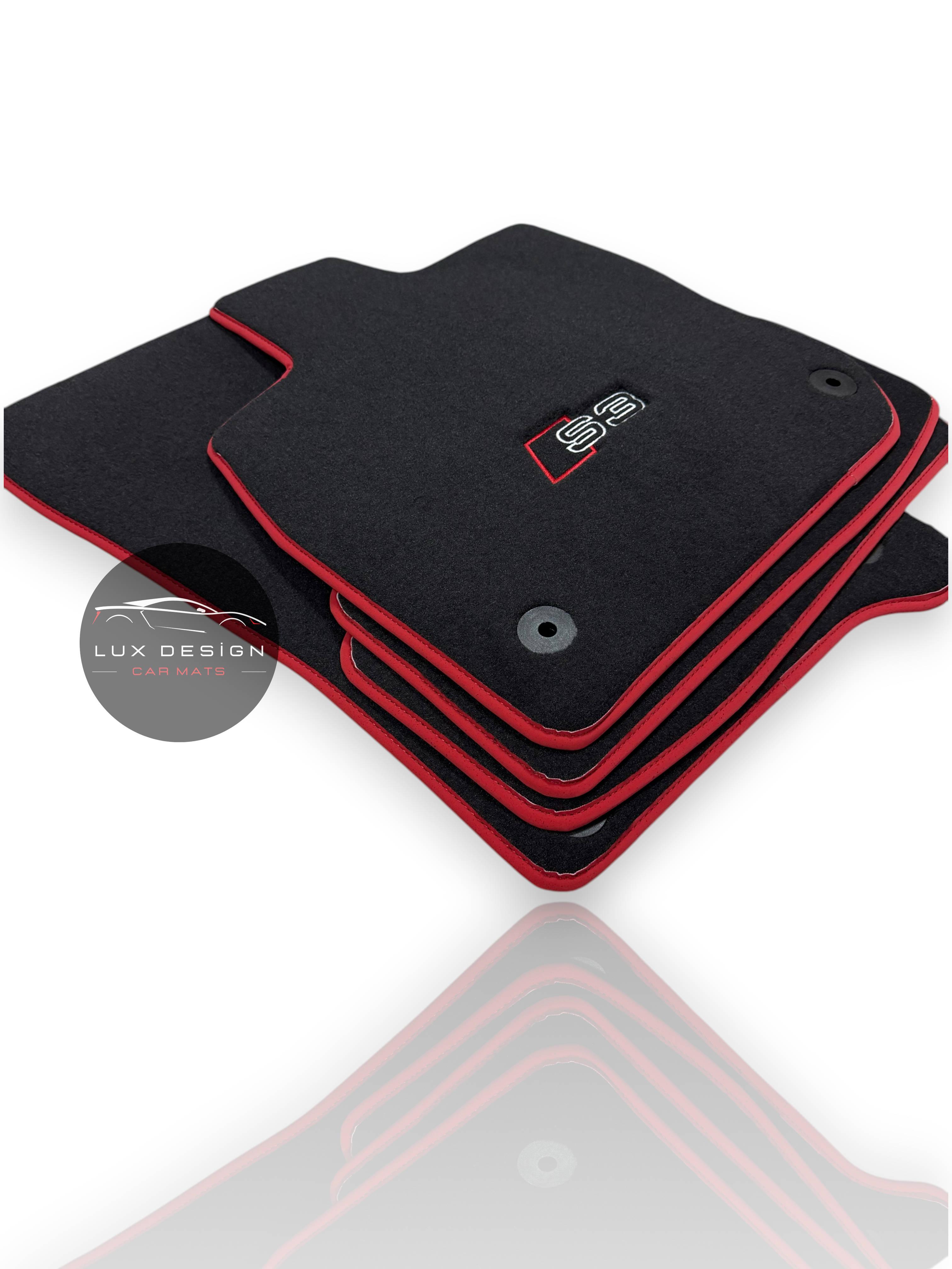 Luxury Carpet Car Floor Mats Compatible With Audi | Fits A3 / S3 / RS3 Models | Custom-Fit, Embroidered Logo & Made to Order | Red Edging