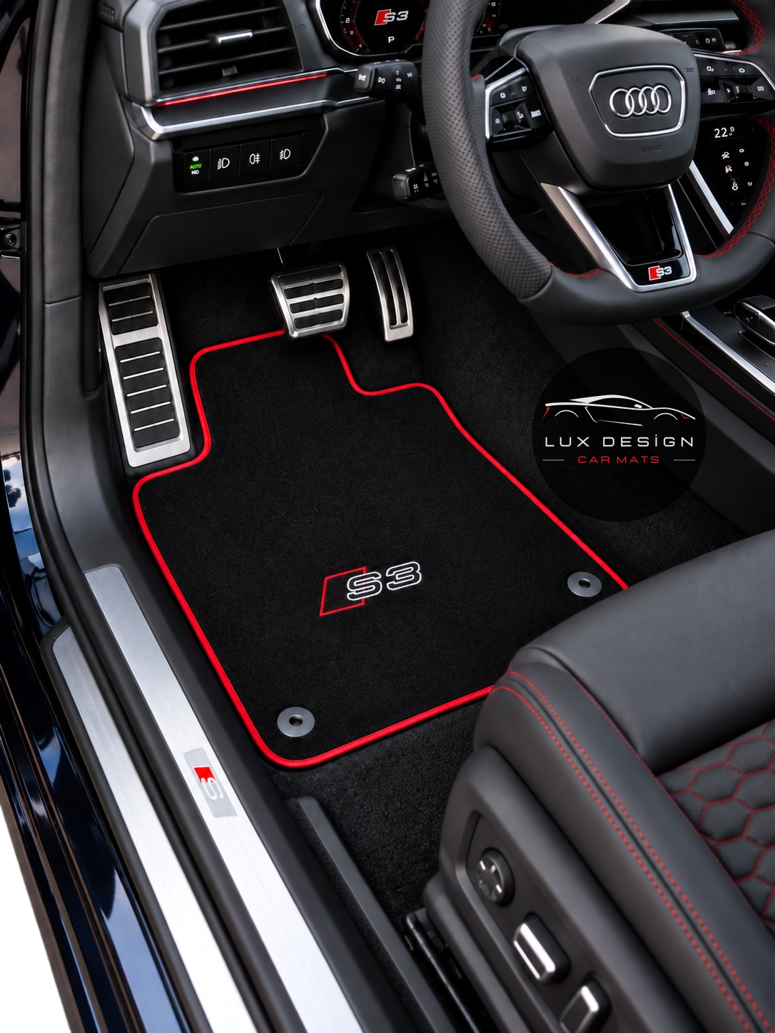 Luxury Carpet Car Floor Mats Compatible With Audi | Fits A3 / S3 / RS3 Models | Custom-Fit, Embroidered Logo & Made to Order | Red Edging
