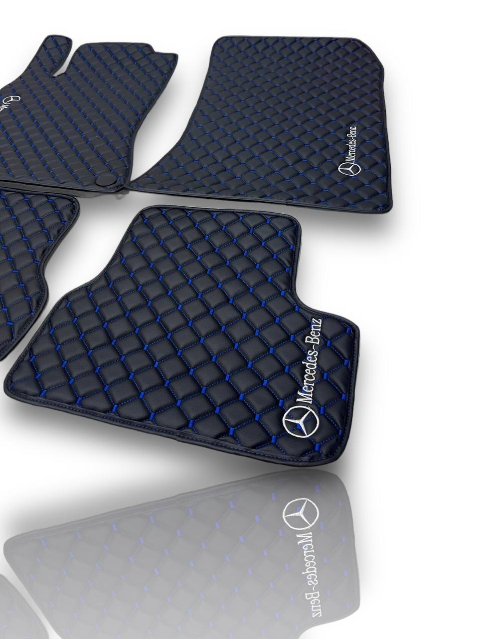 MERCEDES-BENZ Leather Luxury Car Floor Mats | Fits A-B-C-CL Series-E-EQ Series-S-SL Series-G-GL Series-ML-MAYBACH-R-AMG Models | Black Leather & Blue Stitch