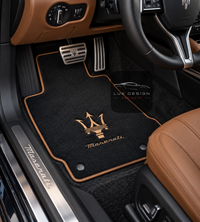 Luxury Carpet Car Floor Mats Compatible With Maserati | Fits Ghibli, Quattroporte, GranTurismo, GranCabrio, Levante, Grecale, MC20, MCPURA, 4200 GT & More | Brown Edging