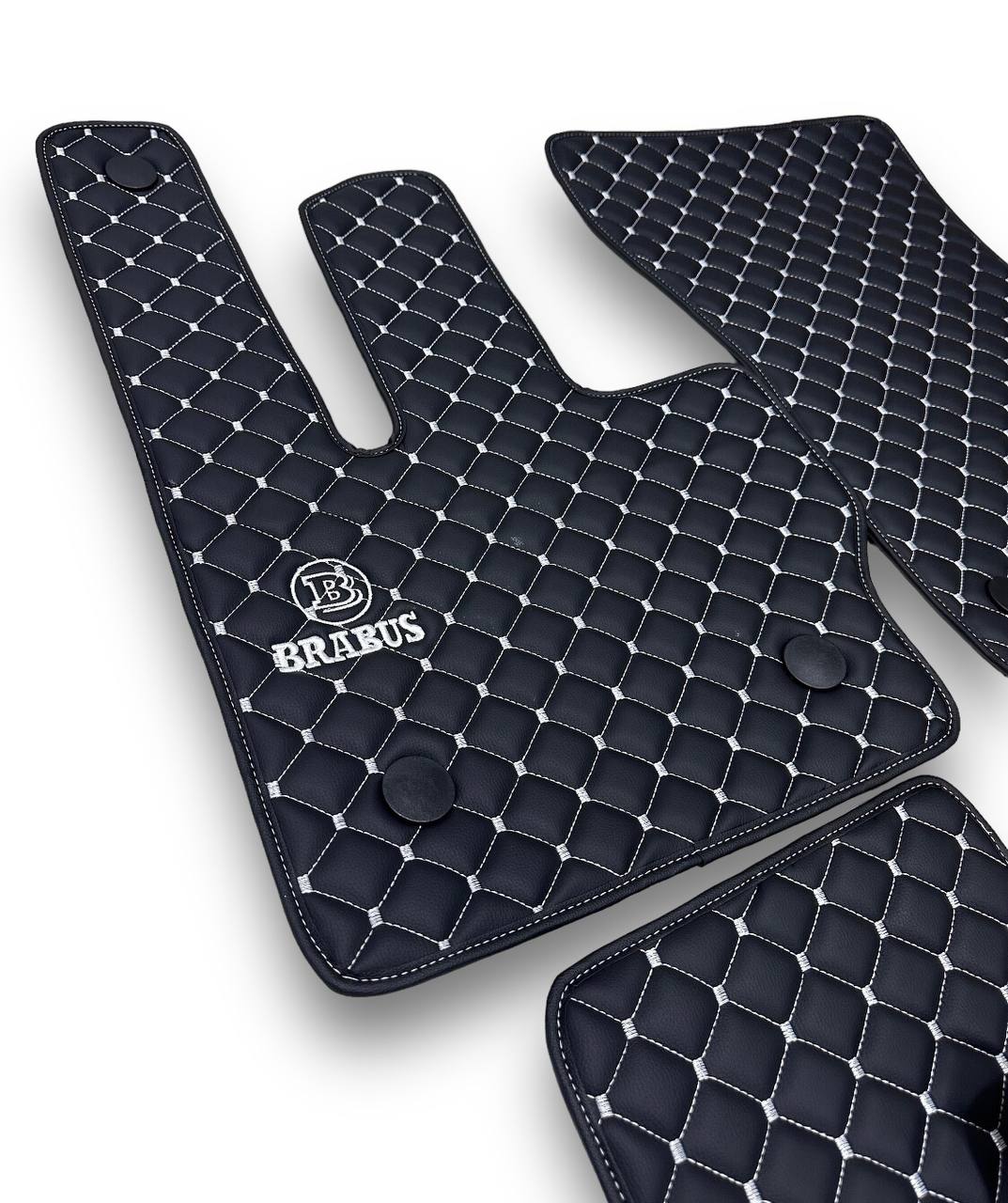 BRABUS MERCEDES-BENZ Leather Luxury Car Floor Mats | Fits E-Series, S-Series, EQ-Series, GLE, GLS, EQS SUV, G-Series, AMG-GT And More Models | Black Leather & Wihte Stitch