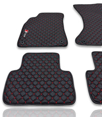 Luxe leren automatten compatibel met AUDI-modellen | Geschikt voor A1, A2, A3, A4, A5, A6, A7, A8, Q2, Q3, Q4 e-tron, Q5, Q6 e-tron, Q7, Q8, Q8 e-tron, e-tron GT, TT, R8, Allroad, S- en RS-modellen | Zwart leer en rode stiksels