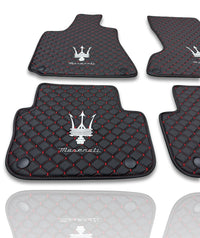 Luxury Leather Car Floor Mats Compatible With Maserati | Fits Ghibli, Quattroporte, GranTurismo, GranCabrio, Levante, Grecale, MC20, MCPURA, 4200 GT & More | Black Leather & Red Stitch