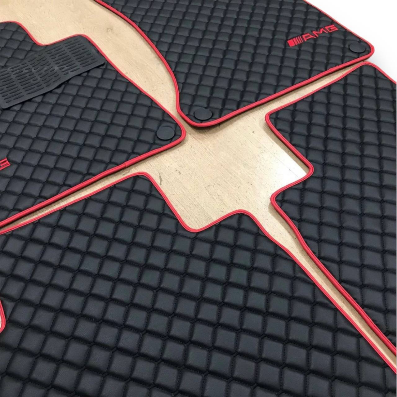 MERCEDES-BENZ Leather Luxury Car Floor Mats | Fits A-B-C-CL Series-E-EQ Series-S-SL Series-G-GL Series-ML-MAYBACH-R-AMG Models | Black Leather & Black Stitch & Red Edge