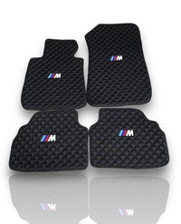 Luxury Leather Car Floor Mats Compatible With BMW | Fits 1, 2, 3, 4, 5, 6, 7, 8 Series, X1, X2, X3, X4, X5, X6, X7, XM, Z4, i4, i5, i7, iX, M2, M3, M4, M5, M8 & More | Black Leather & Blue Stitch
