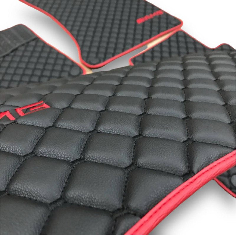 MERCEDES-BENZ Leather Luxury Car Floor Mats | Fits A-B-C-CL Series-E-EQ Series-S-SL Series-G-GL Series-ML-MAYBACH-R-AMG Models | Black Leather & Black Stitch & Red Edge