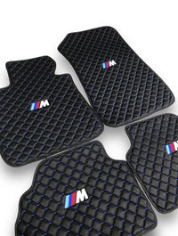 Luxury Leather Car Floor Mats Compatible With BMW | Fits 1, 2, 3, 4, 5, 6, 7, 8 Series, X1, X2, X3, X4, X5, X6, X7, XM, Z4, i4, i5, i7, iX, M2, M3, M4, M5, M8 & More | Black Leather & Blue Stitch