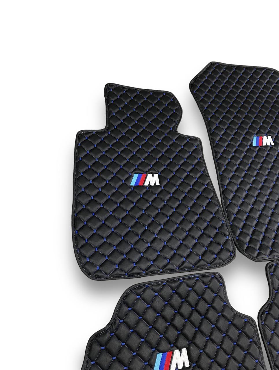 BMW Leather Luxury Car Floor Mats | Fits 1-2-3-4-5-6-7-8-M2-M3-M4-M5-M6-M8-X1-X2-X3-X4-X5-X6-X7-Z3-Z4-i3-i4-i5 Models | Black Leather & Blue Stitch