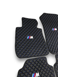 Luxury Leather Car Floor Mats Compatible With BMW | Fits 1, 2, 3, 4, 5, 6, 7, 8 Series, X1, X2, X3, X4, X5, X6, X7, XM, Z4, i4, i5, i7, iX, M2, M3, M4, M5, M8 & More | Black Leather & Blue Stitch