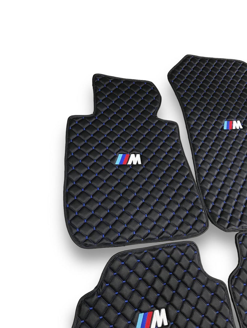 Luxury Leather Car Floor Mats Compatible With BMW | Fits 1, 2, 3, 4, 5, 6, 7, 8 Series, X1, X2, X3, X4, X5, X6, X7, XM, Z4, i4, i5, i7, iX, M2, M3, M4, M5, M8 & More | Black Leather & Blue Stitch