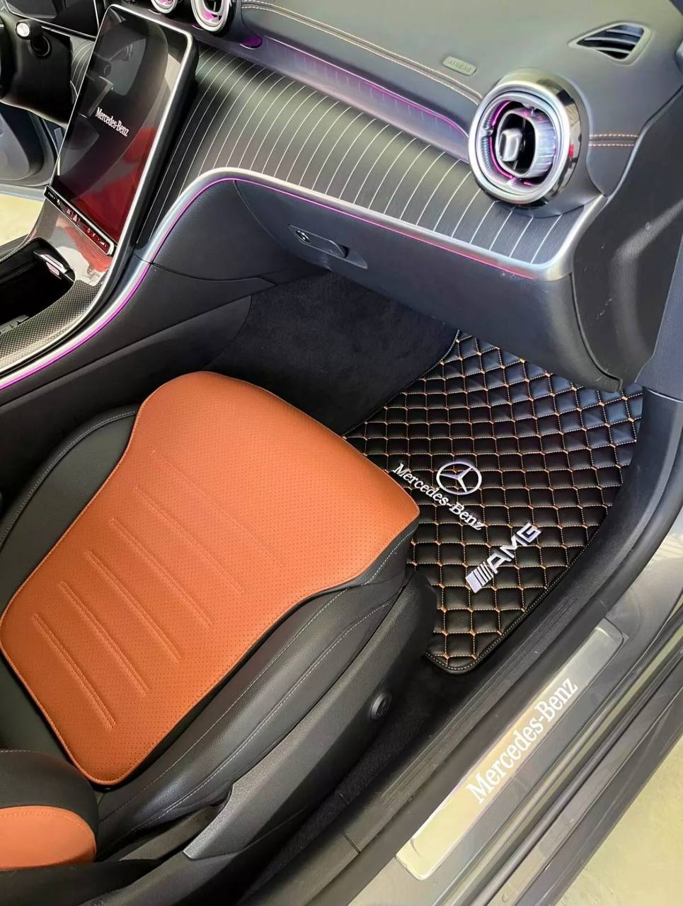 MERCEDES-BENZ Leather Luxury Car Floor Mats | Fits A-B-C-CL Series-E-EQ Series-S-SL Series-G-GL Series-ML-MAYBACH-R-AMG Models | Black Leather & Brown Stitch